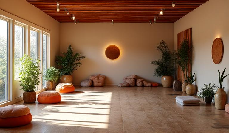 The Peak Pose Yoga studio interior with warm lighting and organic decor in Brooklyn, NYC